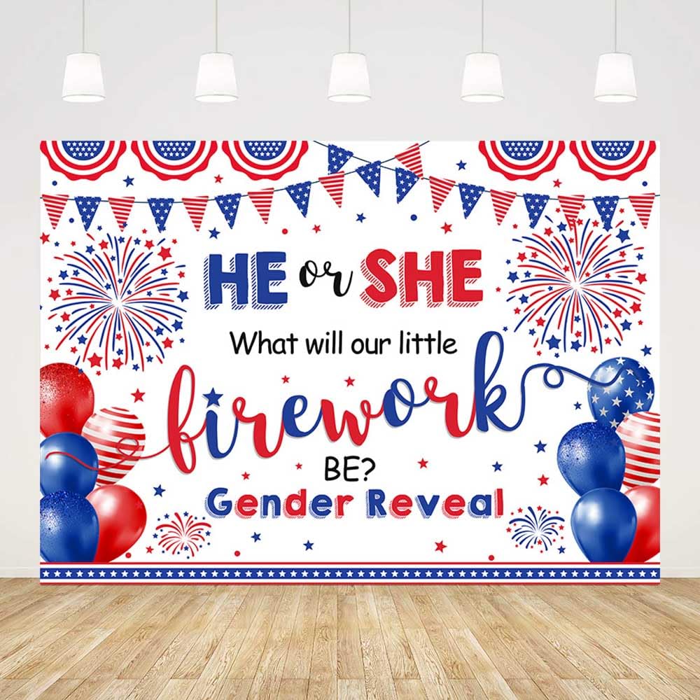 AIBIIN 7x5ft Independence Day Gender Reveal Backdrop He Or She What Will Our Little Livework Be Gender Reveal Banner Photography Happy 4th of July Party Decorations Background Photo Props