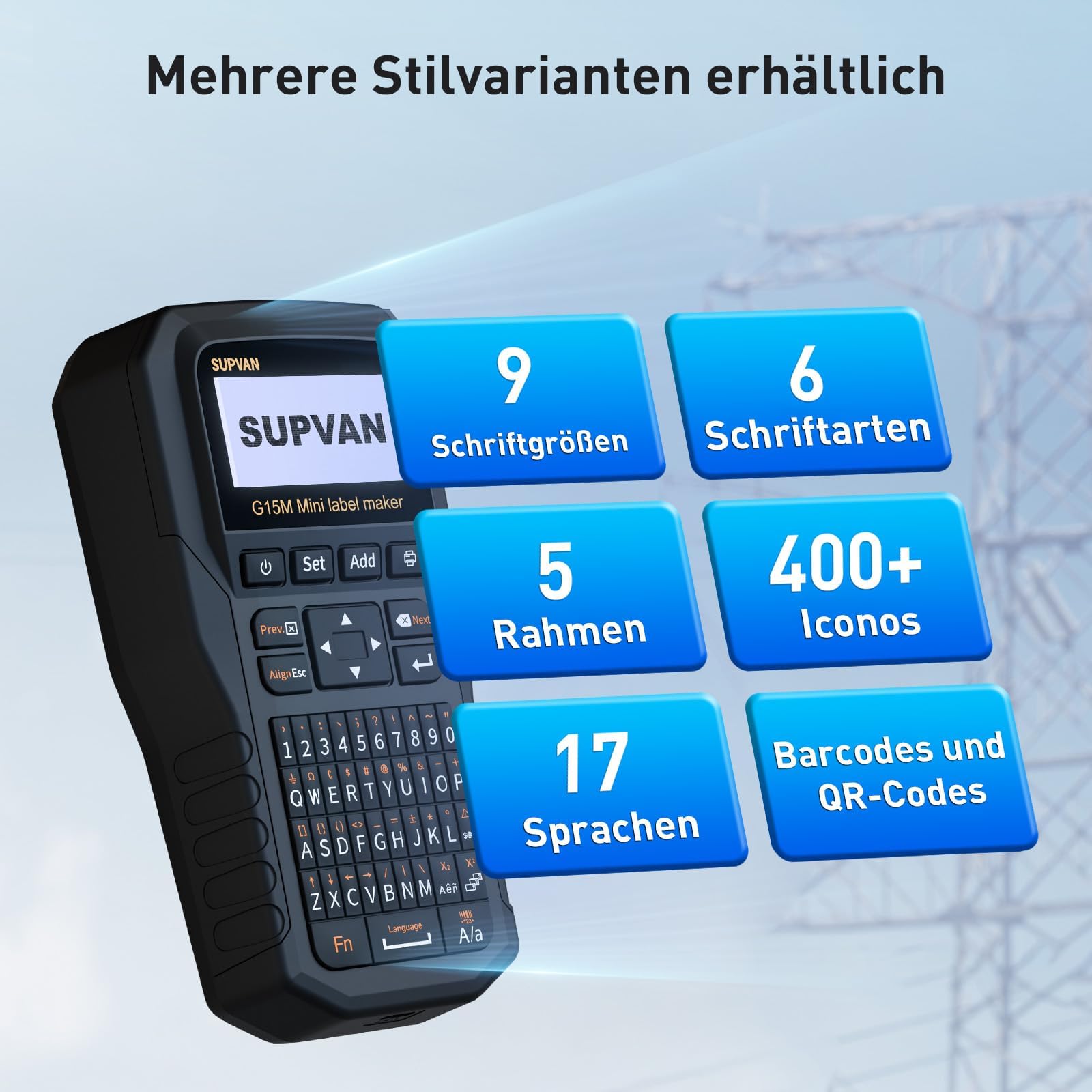 SUPVAN G15M Mini Etikettendrucker mit 4 Rollen,ideal für den Außenbereich | Thermotransferdruck,Kompatibel mit verschiedenen Etikettentypen, Bluetooth Verbindung, App und Tastatur, 5 mm Rand, aufladbar