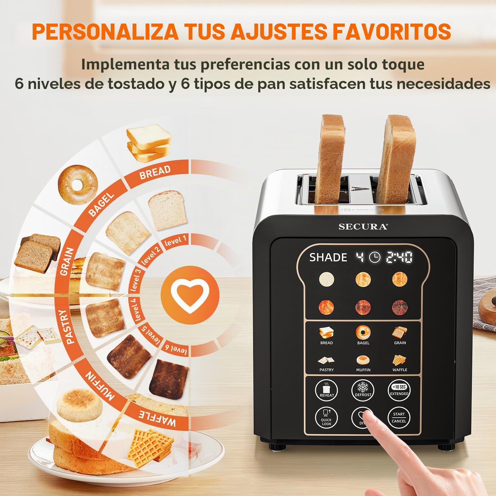 Secura tostador inteligente de 2 rebanadas con visualización táctil de elevación y bajada automática, cuenta regresiva digital, ranuras anchas para tostar paneles, panes, gofres y más 6 niveles de