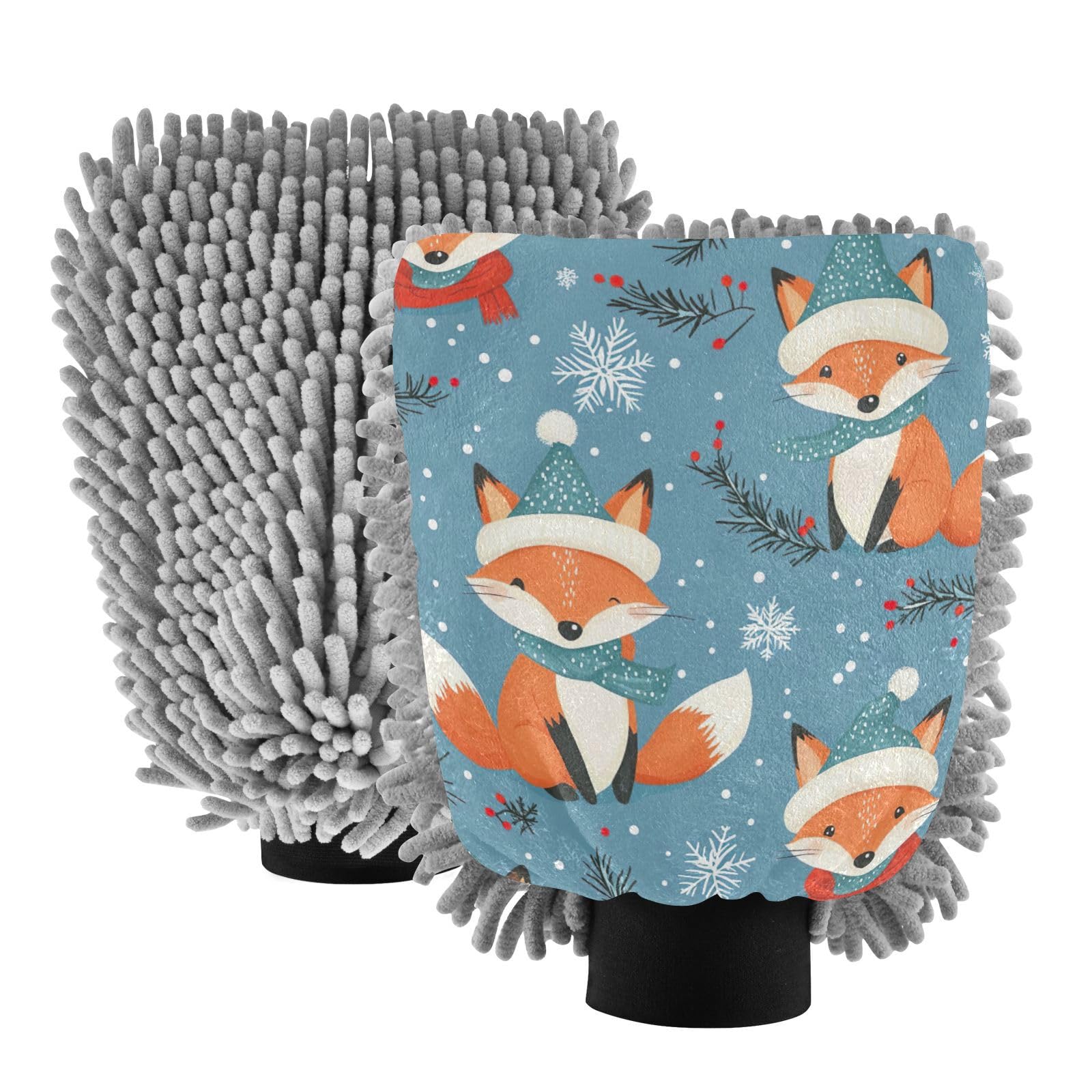 STAYTOP Cute Fox Car Wash Mitt Microfiber, 2Pcs Scratch Free Lint-Free, Premium Chenille Microfiber Mitt Car Wash Brush-L