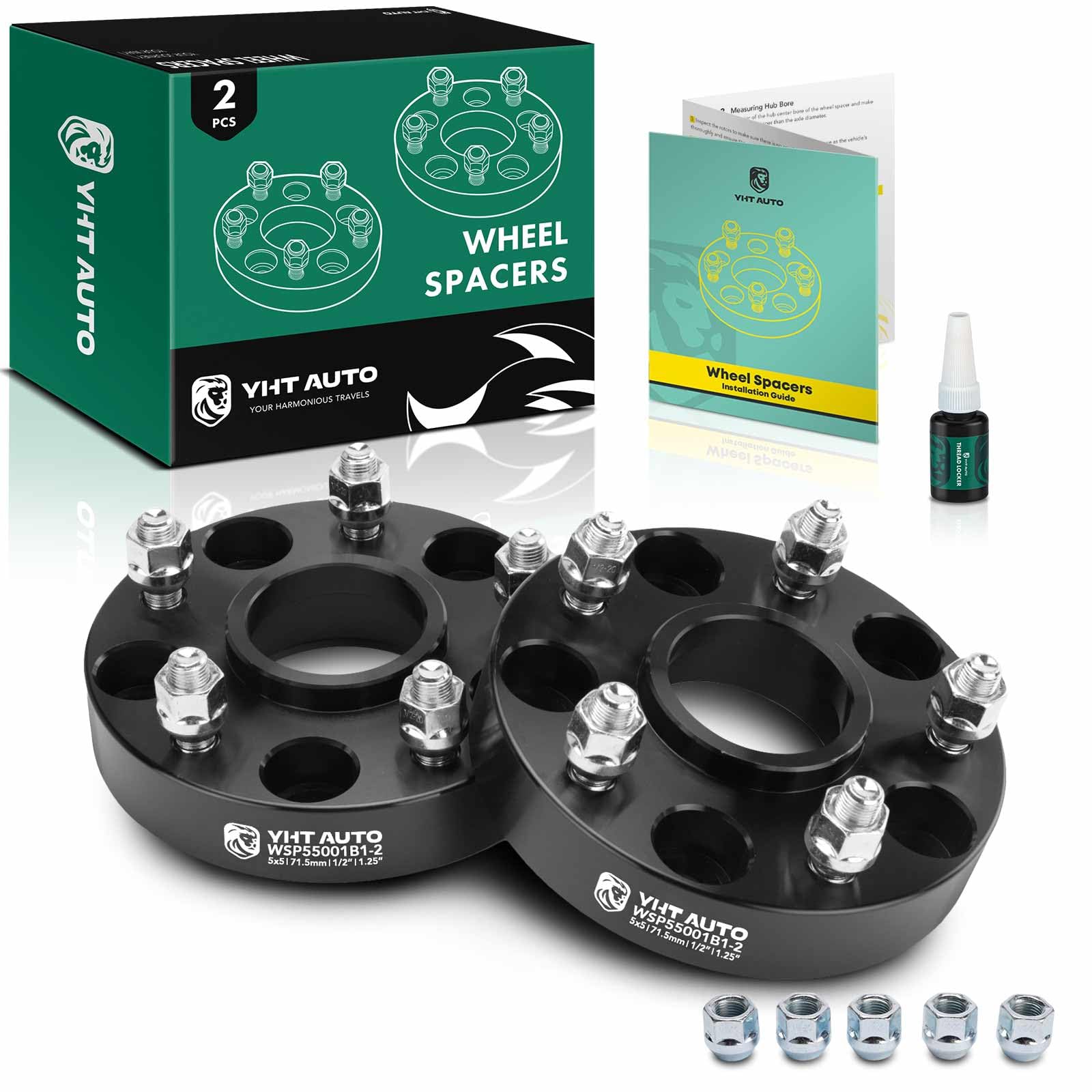 YHTAUTO 5x5 Wheel Spacers 1.25 Inch Compatible with 1999-2018 Jeep Grand Cherokee Wrangler Commander 5x127mm Tire Spacers w/ 1/2"-20 & 12.9 Grade Studs, 71.5mm Hub Bore 5 Lug 2PCS Black Wheel Adapter