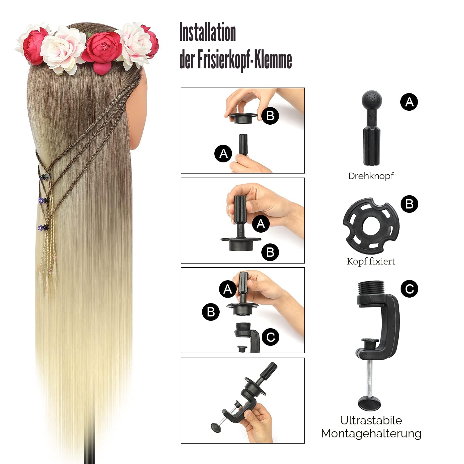 Trainingsköpfe, 28 inch Frisierkopf 100% Synthetikfaser-Haar Übungskopf, Frisurenkopf Ausbildung Kopf Mit Halter + DIY Haar Styling Braid Set (Golden)