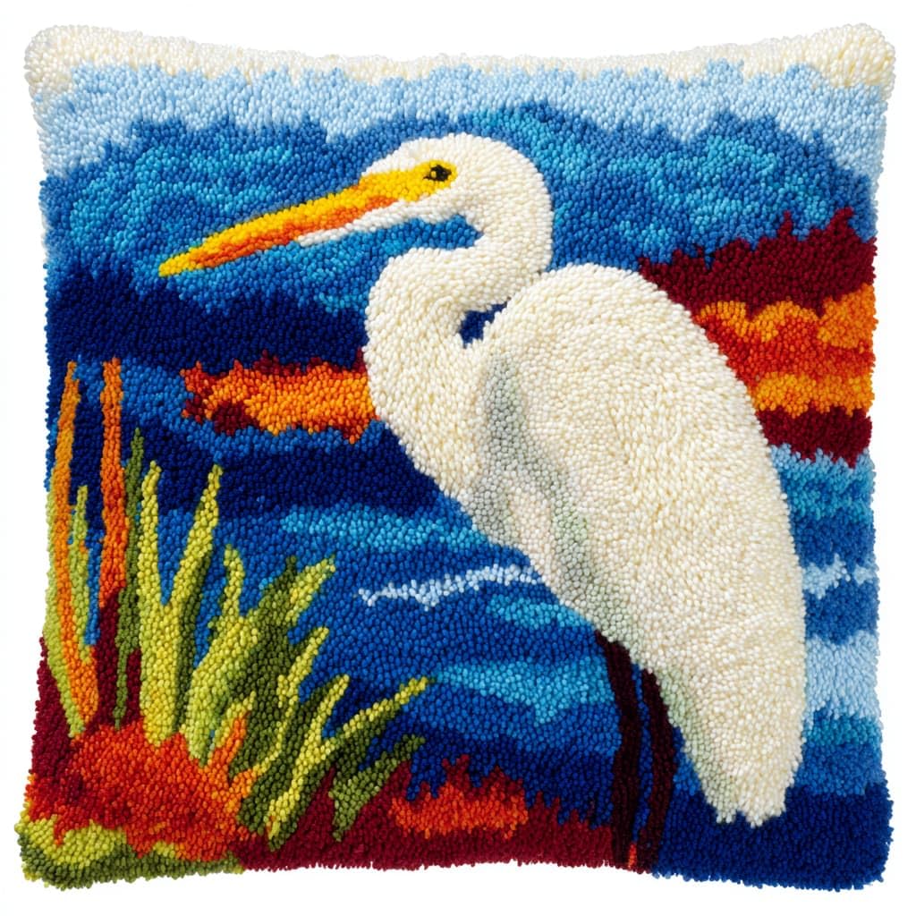 Taxpy Latch Hook Kits, Animal egret Pillow Cover DIY Crochet Hook Cushion Rug Making Kits with Printed Pattern Canvas Needlework Hooking Adorment 43x43cm