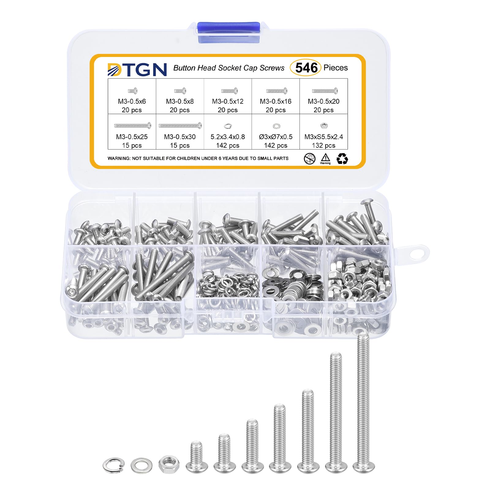 DTGN 546Pcs M3-0.5x6/8/12/16/20/25/30mm Button Head Socket Cap Screws, 304 Stainless Steel Bolt Nut Set Washer Assortment Kit