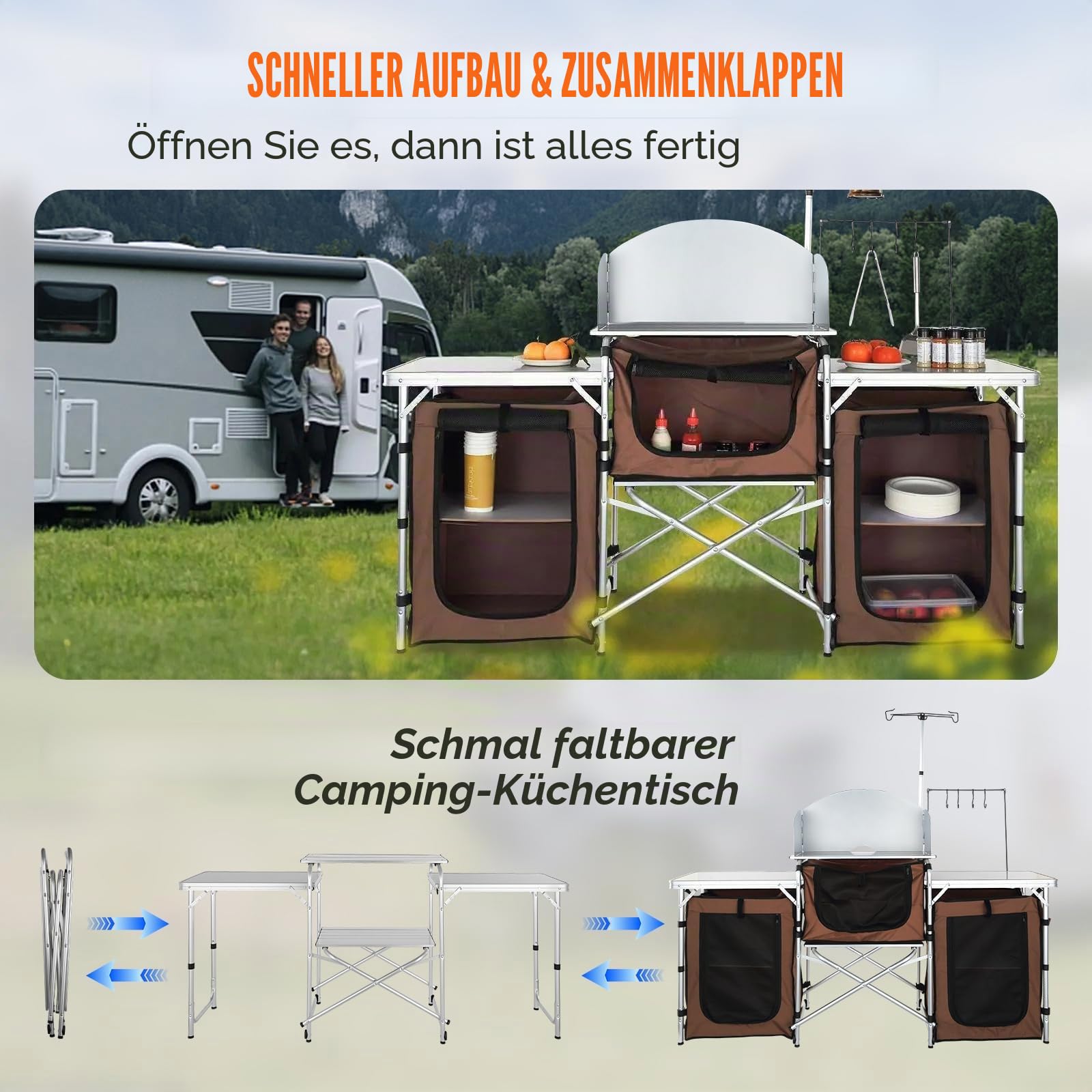VEVOR Campingküche Campingschrank 174 x 176 x 46 cm, Tischküche mit Lampenmast & Haken Reiseküche, Faltbar Outdoor Küchenbox Aluminiumgestell Küchenschrank Campingkocher für Camping, Picknick usw.