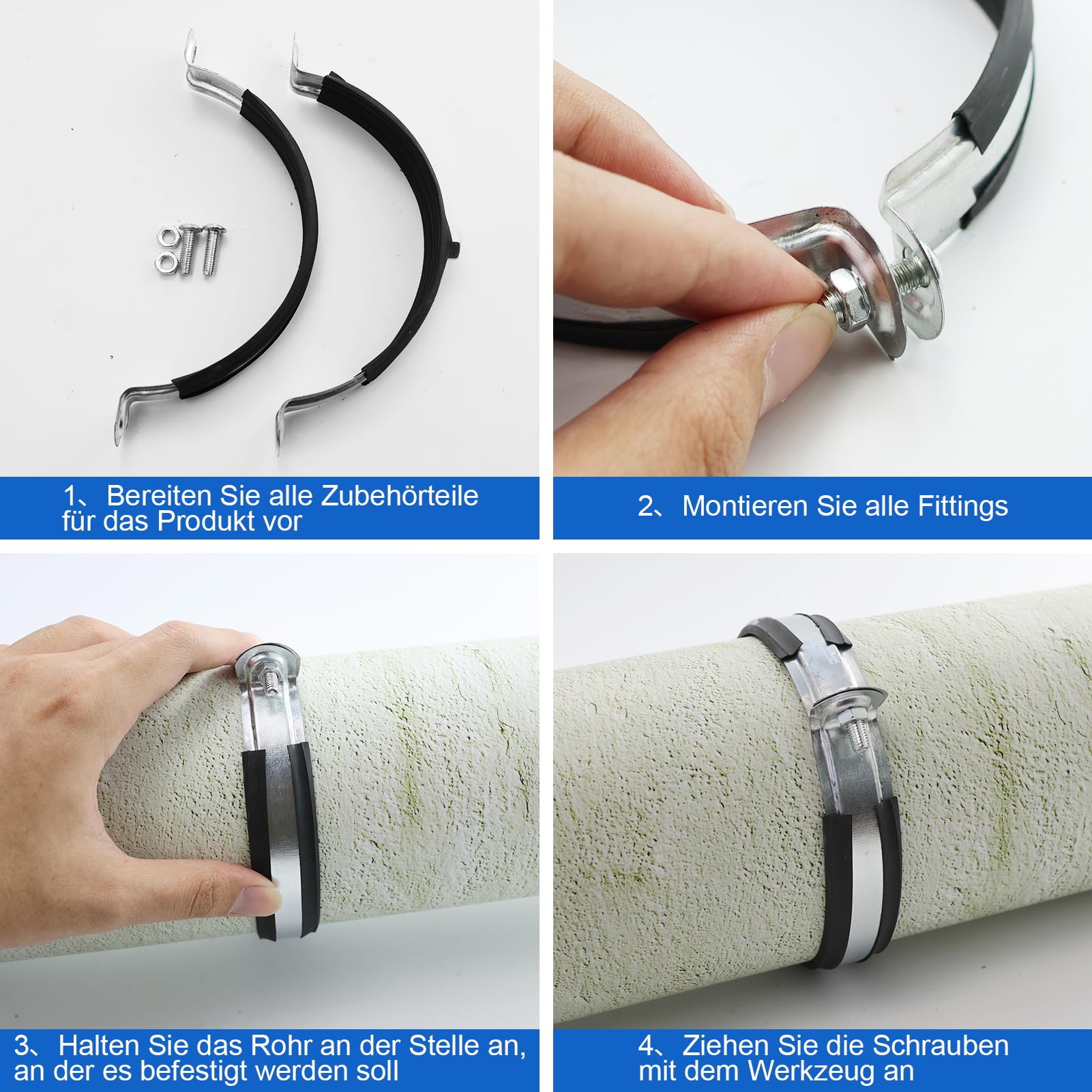 Abrazaderas de tubo de 110 mm, galvanizadas con inserto de goma, abrazaderas para tubo de ventilación, manguera de extracción, abrazaderas para soporte de tubos, abrazadera negra de goma