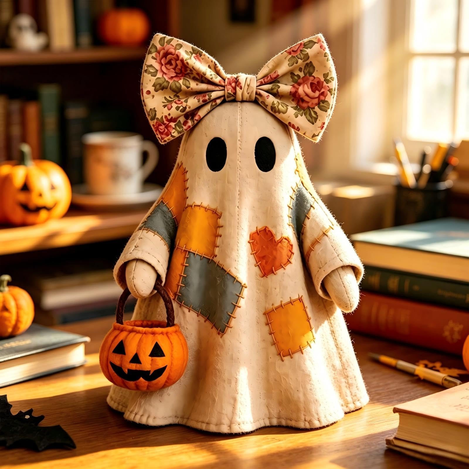 HTU Patchwork Ghost Halloween Decor, Lighted Vintage Patchwork Ghost Halloween Decor – LED Tabletop Figurine, Rustic Farmhouse Style, Spooky Cute Fall Shelf Mantel Centrepiece for Home Office-1PCS