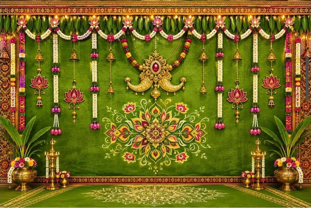 varalakshmi puja Decorations Cloths | Decoration Backdrop Groom | Vibrant Green Puja Stage Decoration Backdrop with Hanging Bells and White Jasmine Strands 8x8 Feet | Wedding Backdrop Cloth-picture-20