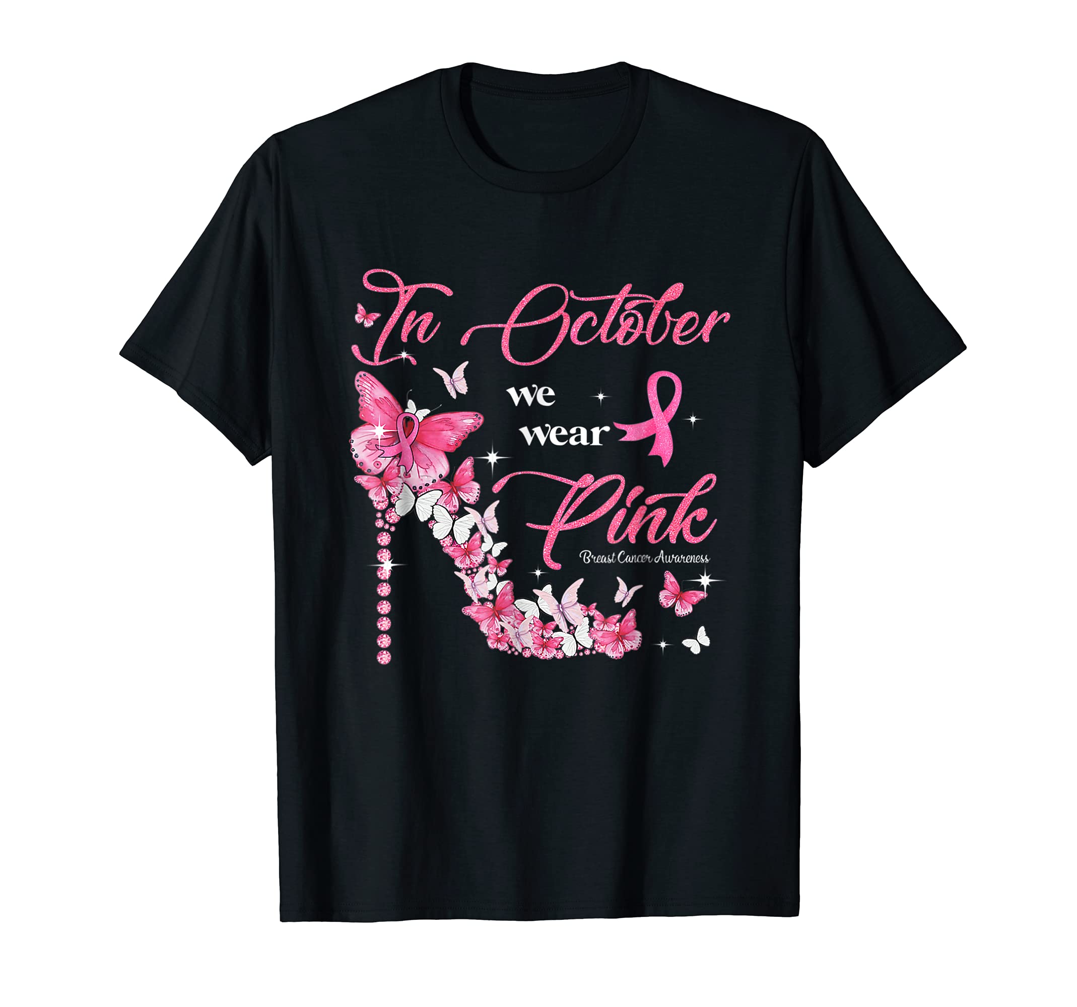 In October We Wear Pink Butterflies Breast Cancer Awareness T-Shirt