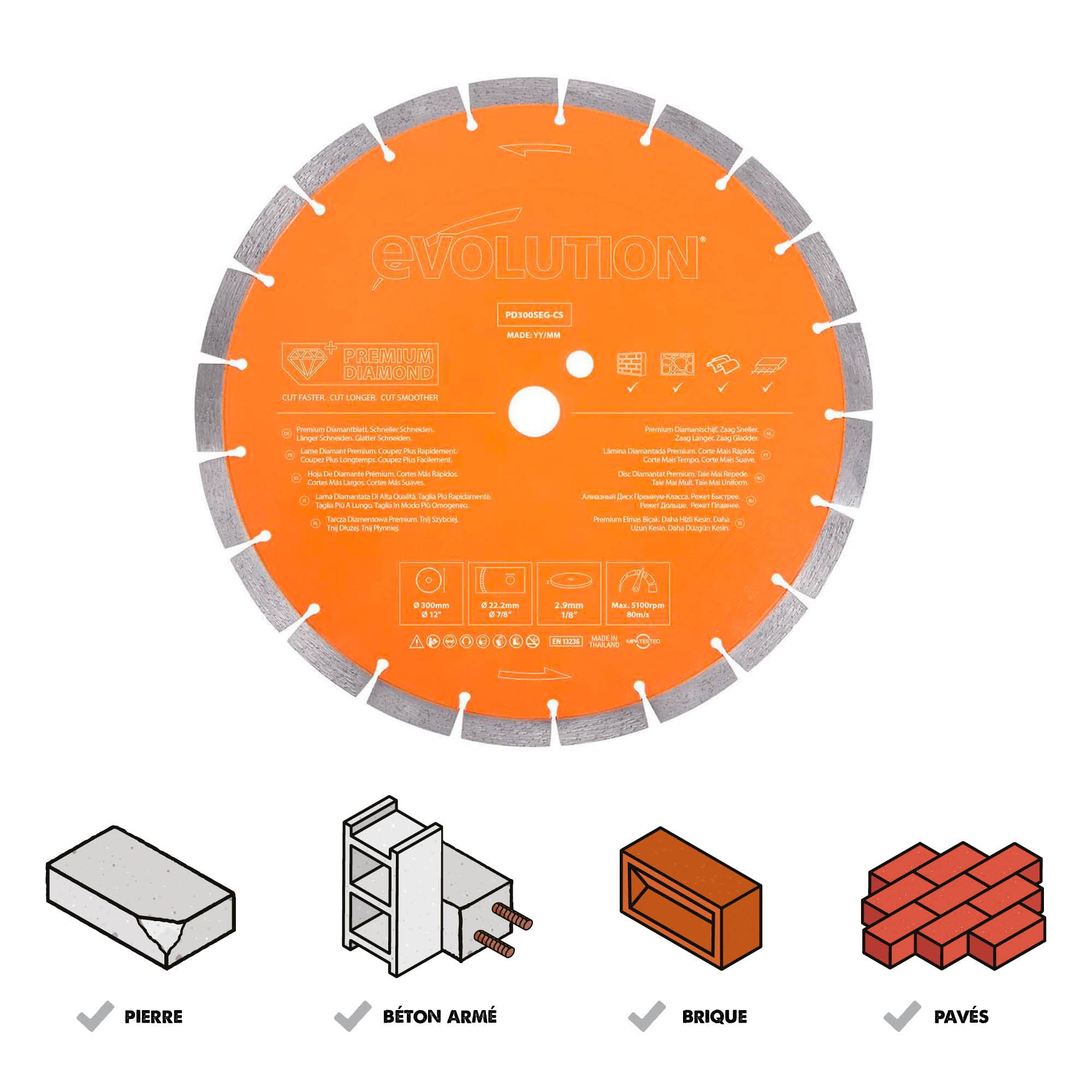Evolution - Lame diamantée multi-matériaux haut de gamme de 300 mm pour coupe-disques - Idéal pour couper la brique, la tuile de toit, le pavage, le béton armé et plus