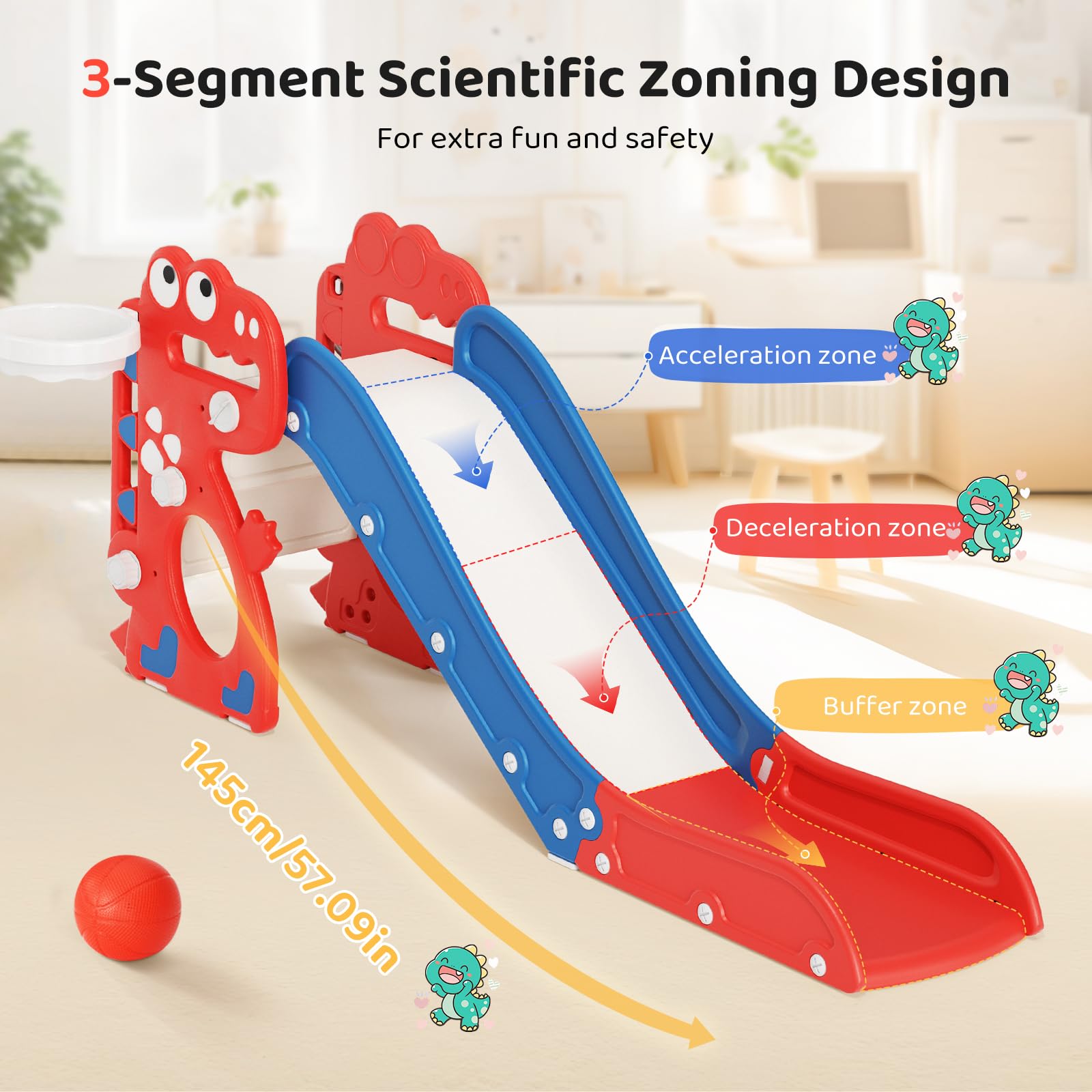 Krovtoy Scivolo per bambini, scivolo singolo con dinosauro con telaio a sfera, anello, attrezzatura per parco giochi con scivolo per bambini da 1 a 3 anni (dinosauro-rosso e blu)
