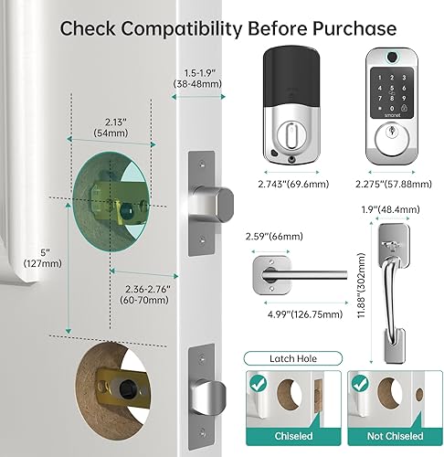 Miniatura 8 de SMONET - Juego de cerradura de puerta delantera WiFi, juego de cerraduras inteligentes de entrada sin llave, teclado de control remoto digital,