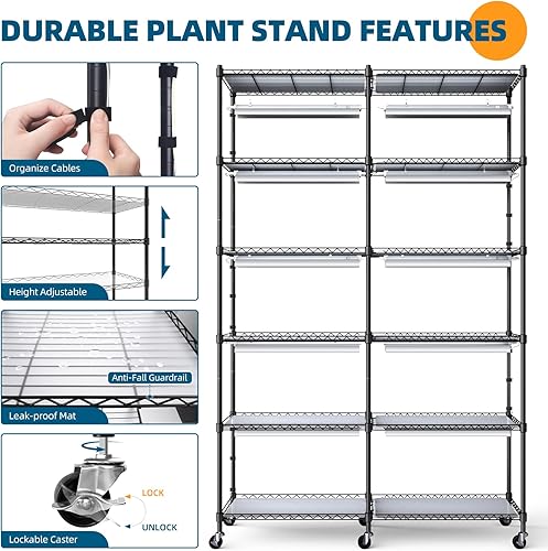 Miniatura 4 de Barrina Soporte para plantas con luces de cultivo para plantas de interior, estante grande de metal alto de 6 niveles con 10 luces de espectro