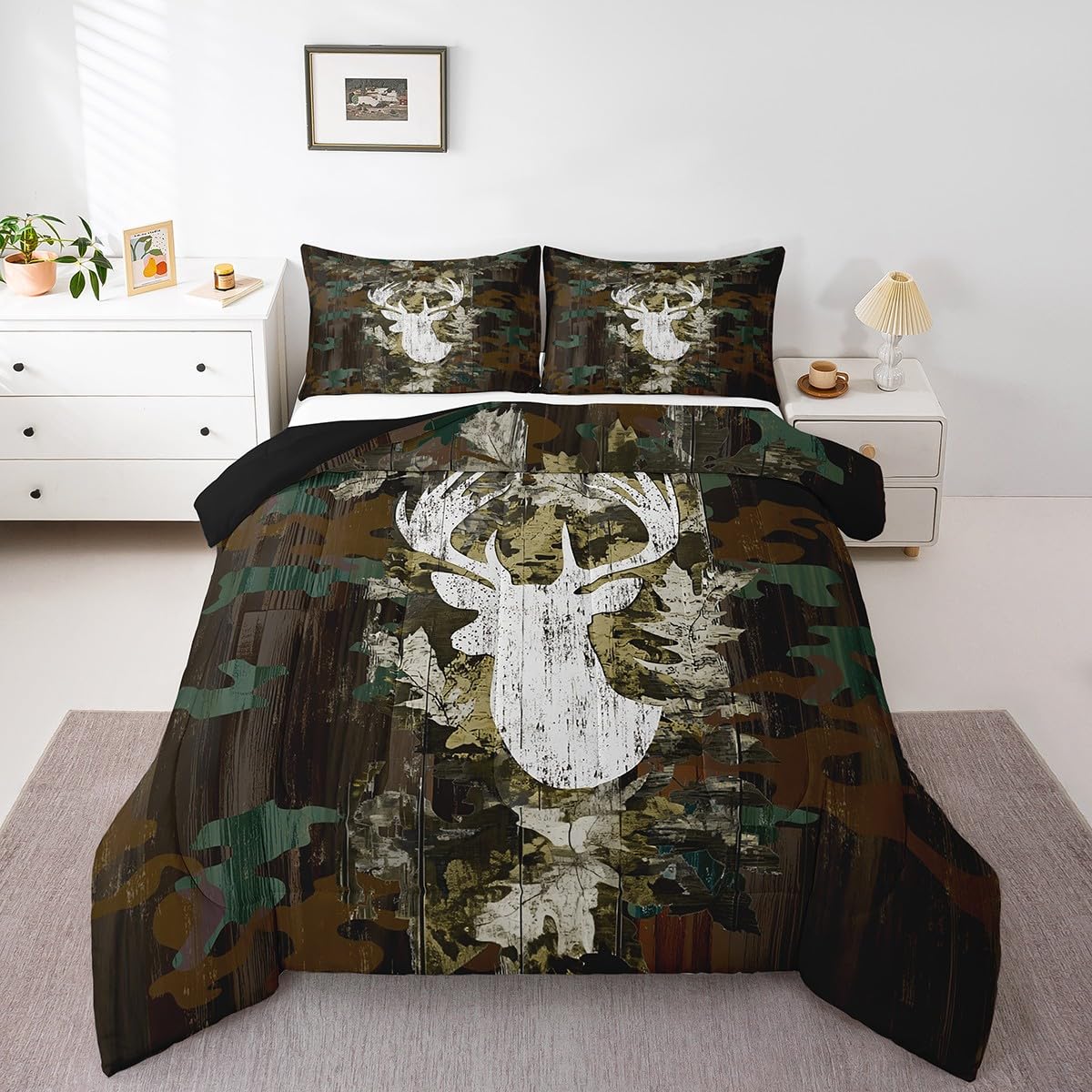 Feelyou Kids Camo Deer Bedding Set Full Size, Deer Hunting Comforter Set Green Camo Comforter for Boys Girls Antlers Duvet Insert Microfiber Bed Set