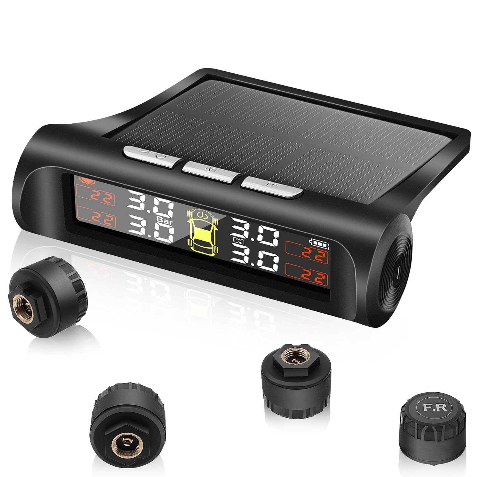 Draadloos Solar TPMS Bandenspanningscontrolesysteem - 4 Sensoren, Real-Time Monitor, 5 Alarmen Voor Auto & SUV