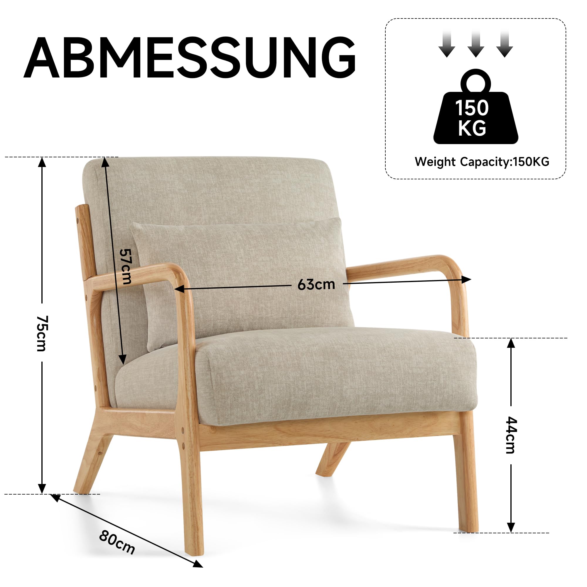 2er-Set Accent Sessel mit Kissen, Moderner Polstersessel für Wohnzimmer,Lounge-Stuhl mit Armlehnen&Holzrahmen, bequemer Lesesessel, Stoff Hellgrau