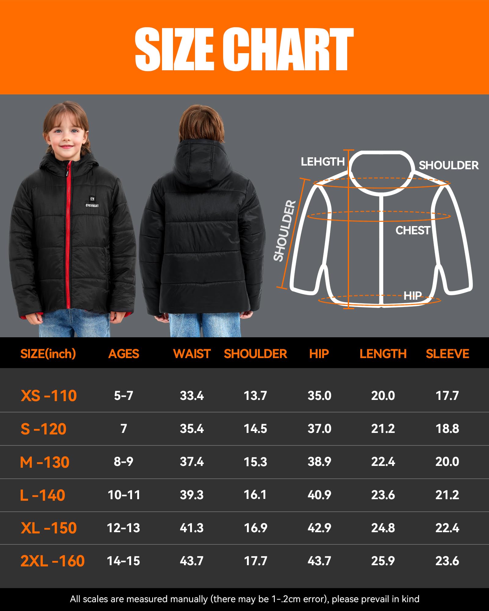 CYCYHEAT Chaqueta térmica para niños y niñas, chaqueta térmica con capucha, calentador de cuerpo con batería, ropa térmica para esquí