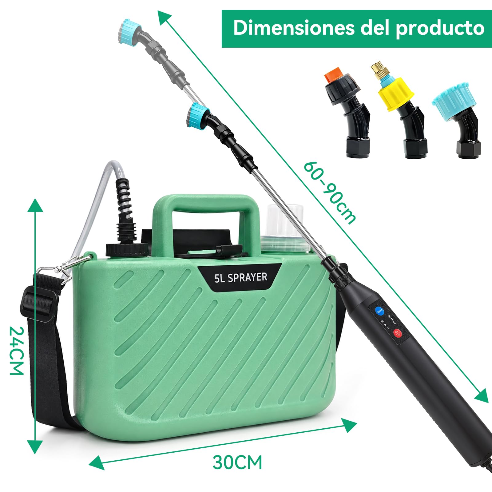 MANKIW Pulverizador a Presión con Batería de 5 L, Pulverizador Eléctrico con 3 Boquillas, Batería USB, Varilla Telescópica y Correa para el Hombro
