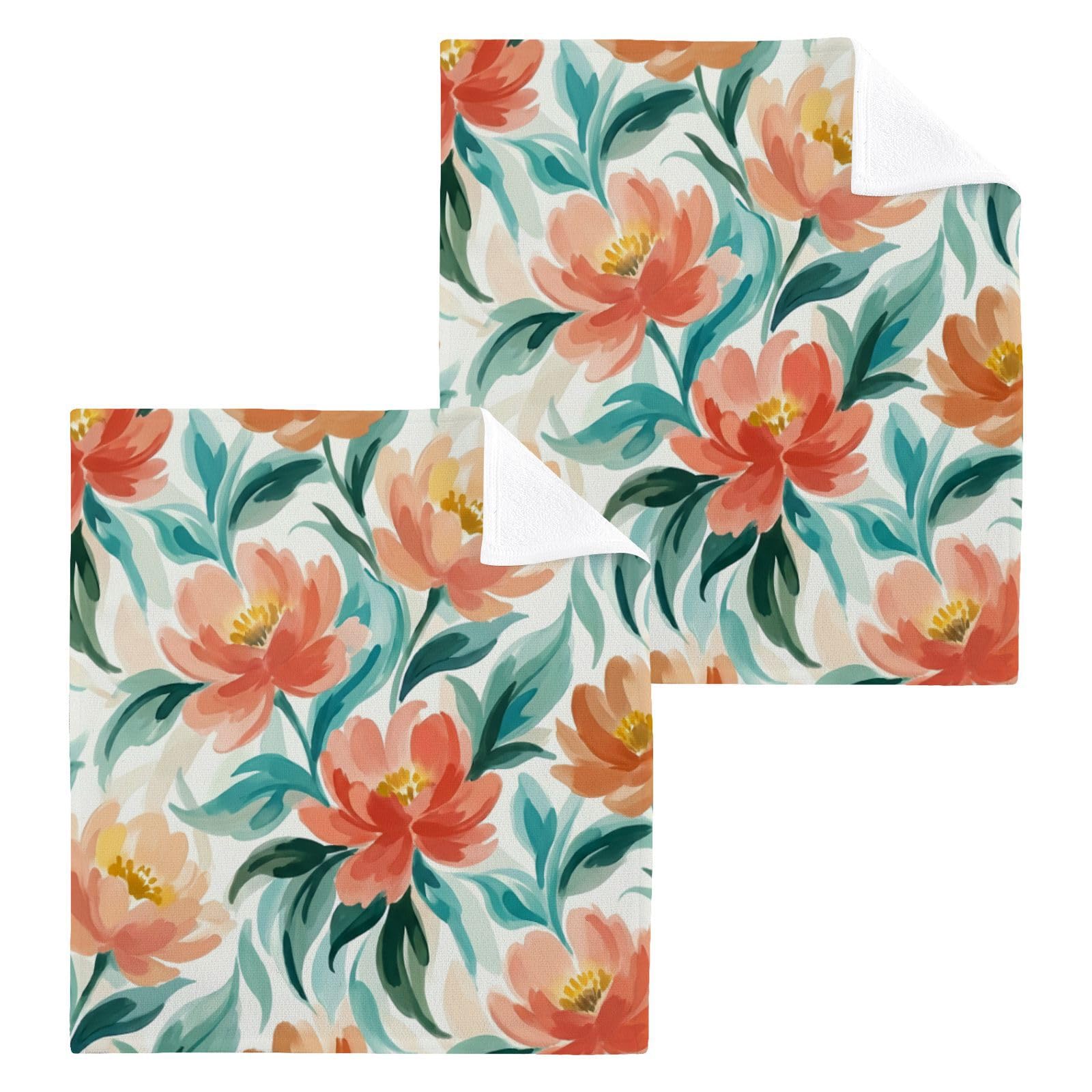 BOESI Peony Brushstroke Pattern 12x12in Cotton Washcloth,Face Towel