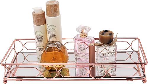 Bandeja de tocador rectangular de oro rosa, organizador de almacenamiento de metal en el escritorio para servir perfumes, cosméticos, revistas,