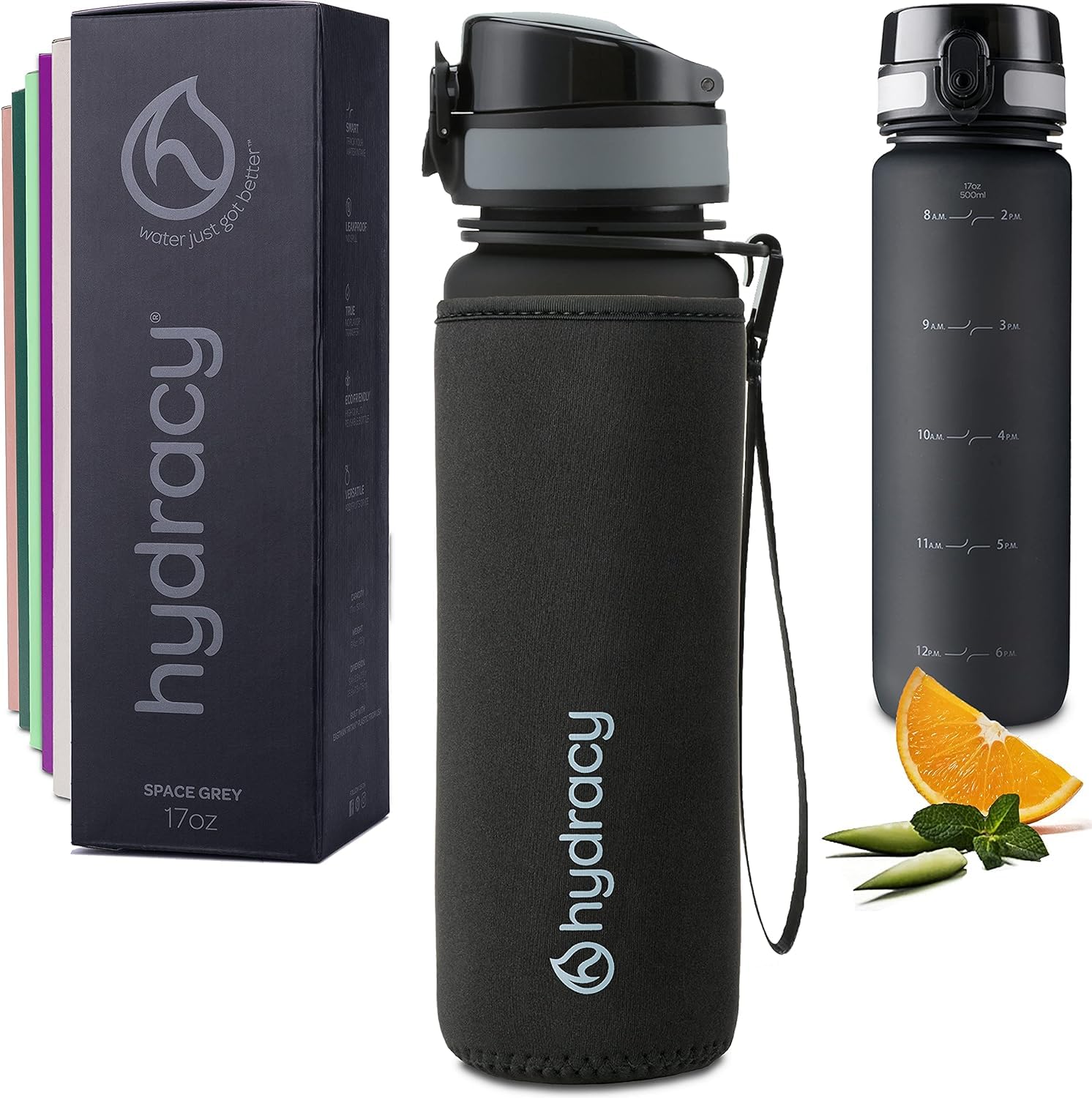 Hydracy Water Bottle with Time Marker - 500 ml 17 Oz BPA Free Water Bottle - Leak Proof & No Sweat Gym Bottle with Fruit Infuser Strainer - Ideal for Fitness or Sports & Outdoors - Space Grey