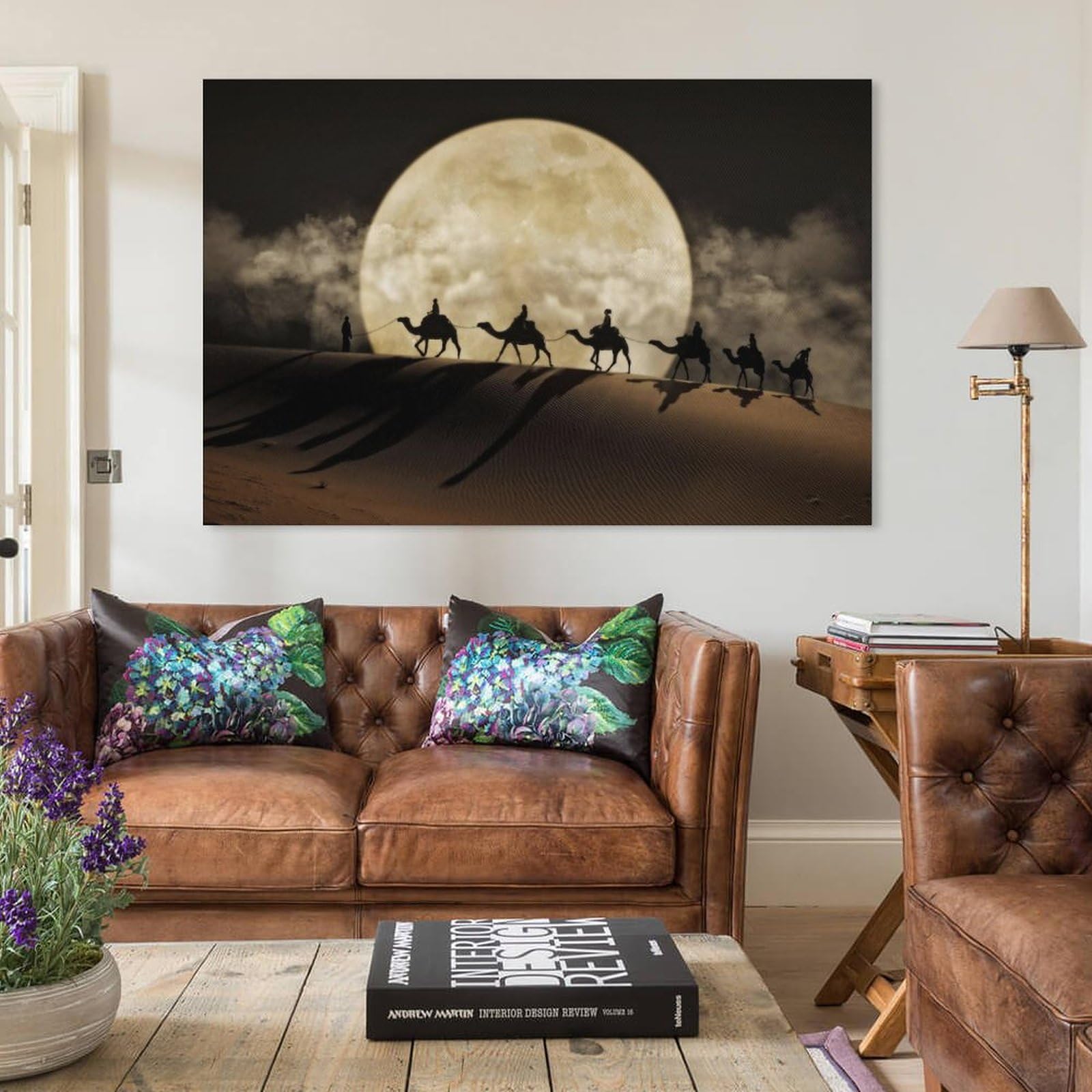 Amazon.co.jp: 砂漠のラクダの風景キャンバス絵画月の夜のシーン