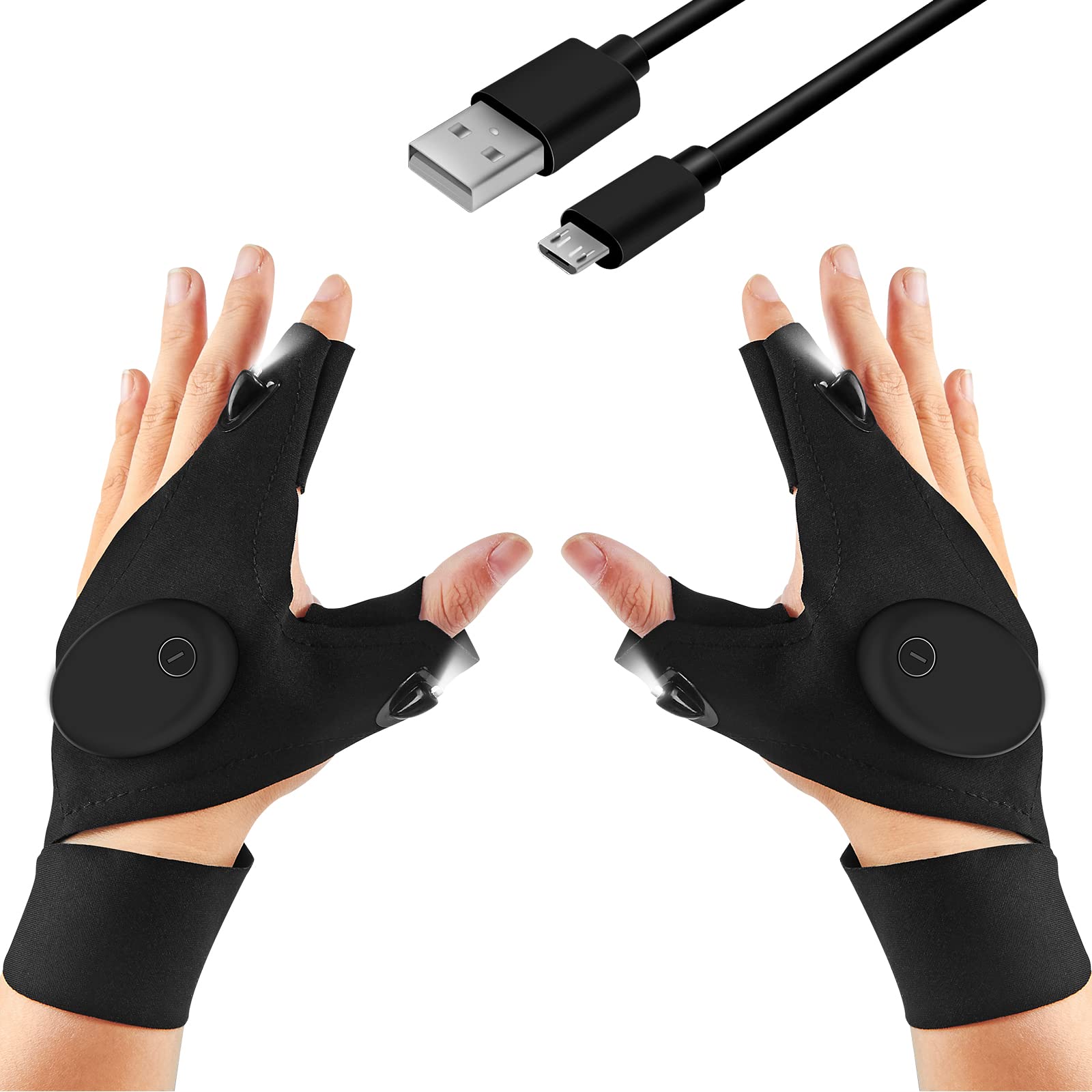 2 Pack Rechargeable LED Flashlight Gloves - Lightweight, Waterproof, Adjustable Strap, 8 Hours Runtime