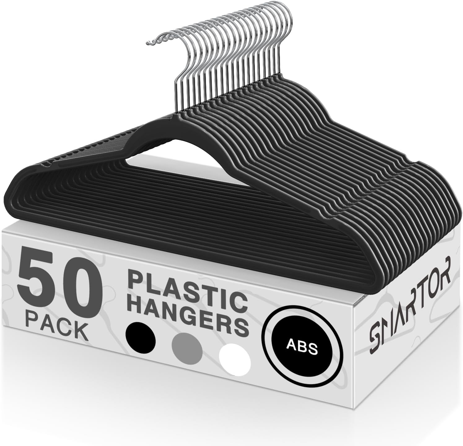 SMARTOR Plastic Hangers 50 Pack, Heavy Duty Plastic Hangers for Clothes - Non-Velvet Slim Hangers with 360° Swivel Hook & Clothes Thin Hangers - Durable Coat Hangers, Space Saving Hangers - Black Black Pack of 50