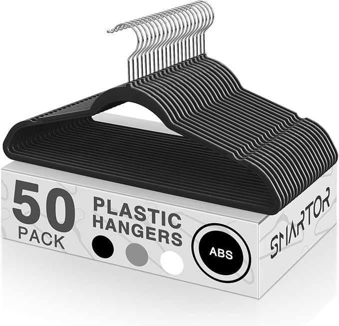 SMARTOR Plastic Hangers 50 Pack, Heavy Duty Plastic Hangers for Clothes - Non-Velvet Slim Hangers with 360° Swivel Hook & Clothes Thin Hangers - Durable Coat Hangers, Space Saving Hangers - Black