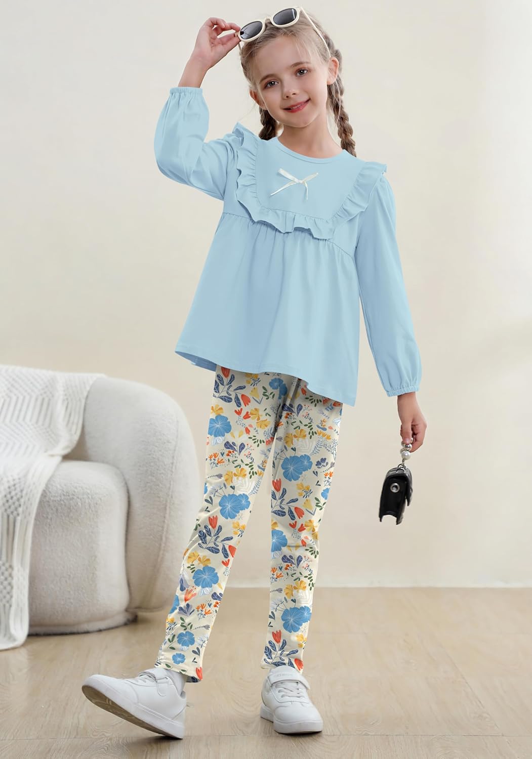 AMCLOS Girl Outfit Set 3-8 Years Kids Clothes,Adorable Cute Ruffle Bowknot Long Sleeve Tops+Long Floral Pants Fall - Image 3