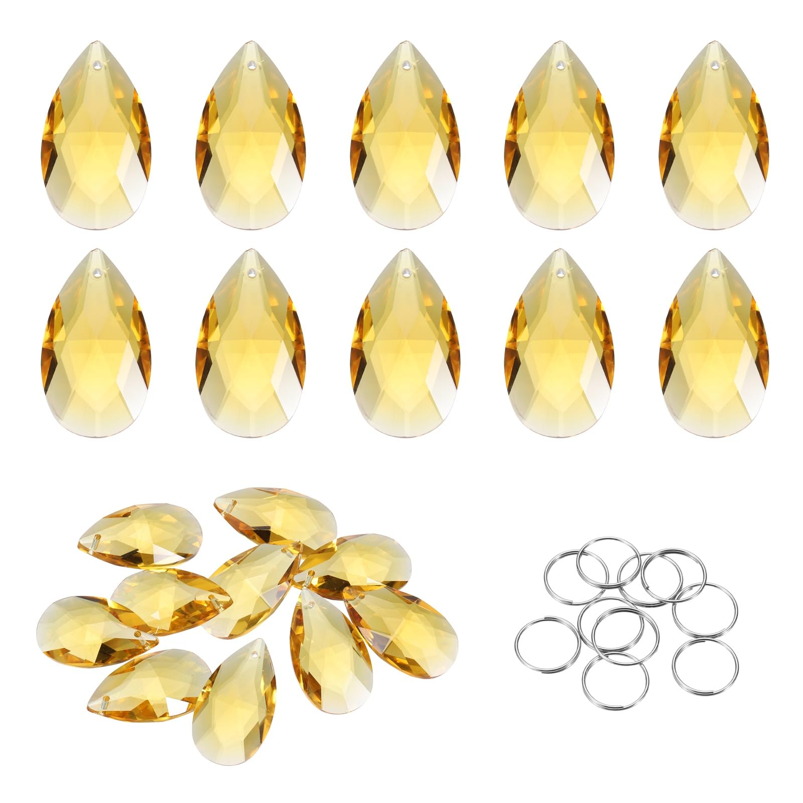 sourcing map 10Pcs Teardrop Crystal Beads, 38mm K9 Glass Hanging Chandelier Bead Prisms Part with 304 Stainless Steel Ring for Crystal Chandelier Lamp Pendant Jewelry, Yellow