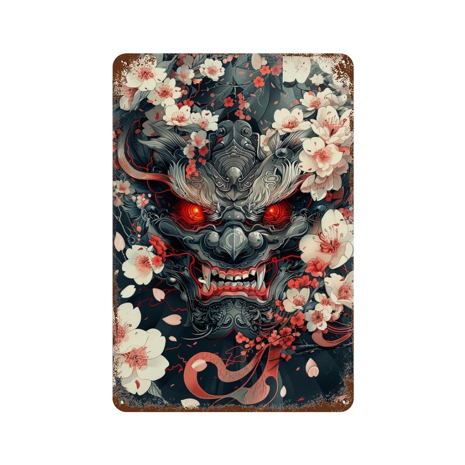Aged Metal Wall Plaque with Japanese Demon Mask with Flowers Design 11.8"x7.9", for Shed, Workshop And Garage Wall Decor, Decorative Metal Wall Art