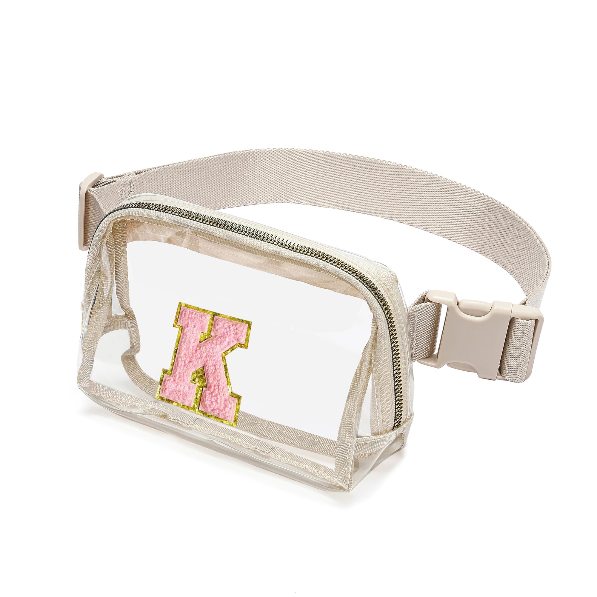 FEIBOON Clear Belt Bag Initial Letter Patch Clear fanny pack stadium approved for Women and Girl,Clear Crossbody Bag Waist Bag for Concerts Sports