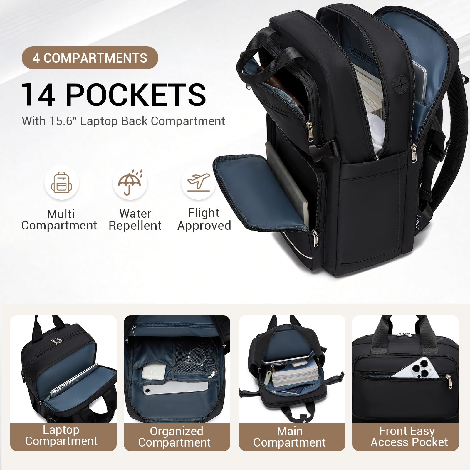 KONO Zaino Donna Porta PC 15,6 Pollici, Impermeabile e Grande Capacità con Tasca Porta Borraccia, Zaino Antifurto per PC Portatile, per Lavoro, Università e Viaggio (Nero)