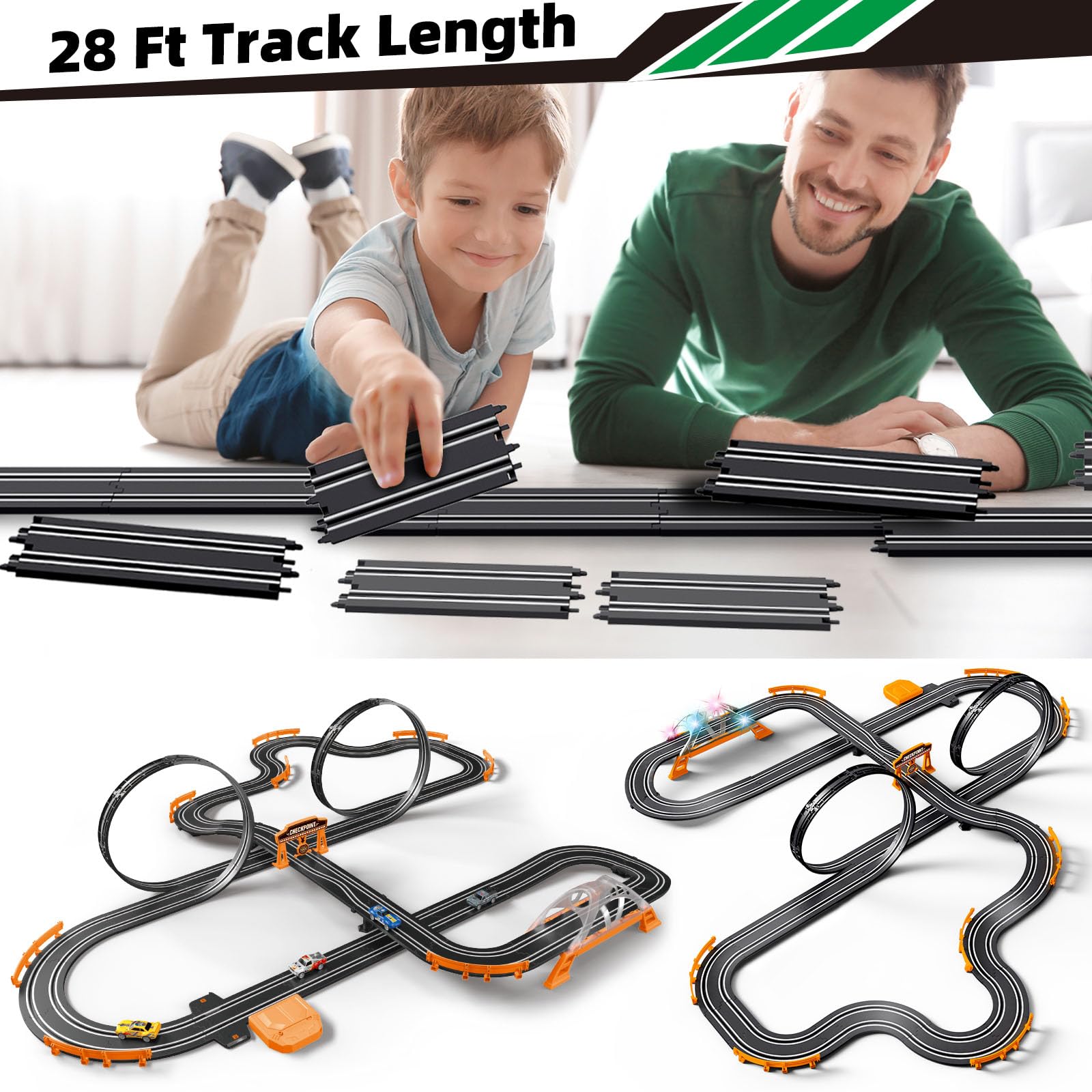 Slot Car Race Track for Kids with 4 Slot Cars, Dual Racing Electric Car Tracks Game Featuring Flash Bridge and Pendulum Toys Gifts for Boys Girls Age 6 7 8 Years Old
