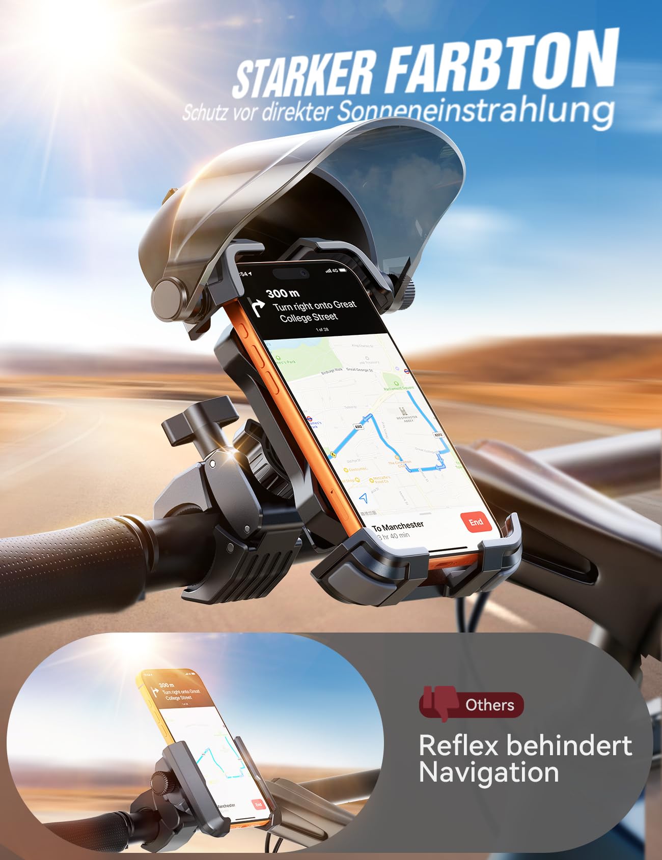 2026 JOYROOM Handyhalterung Fahrrad mit Sonnenblende, Handyhalter Motorrad Anti-Reflex, 1S-Montage, Universal Handy Halterung Fahrradlenker Kompatibel mit iPhone 17/16 und Samsung S26 (4,7-7 Zoll)