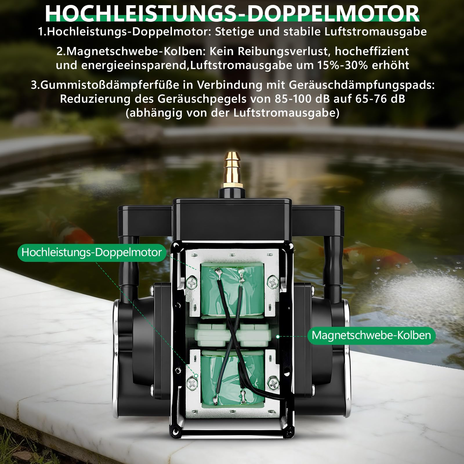 Bomba de aire para acuario de 40 W con motor de cobre de doble canal, carcasa de aluminio, potente aireador de estanque, capacidad máxima de 72 m3, caudal de 80 l/min, ideal para grandes acuarios y