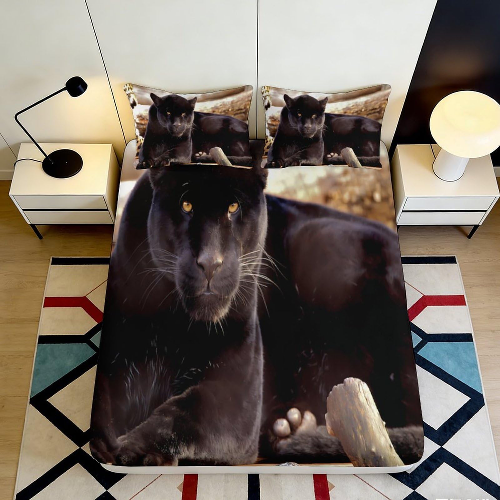 3D Printed Black Panther Fitted Sheet Microfiber Soft Durable Wildlife Bed Cover for Bedroom Dormitory Guest Room Mattress Protection 180x200x25cm