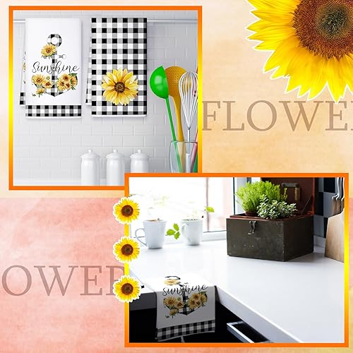 Miniatura 7 de Bencailor 4 toallas de cocina con girasol, diseño de flores de Navidad, diseño de rejilla blanca y negra, diseño floral, de secado rápido, regalo de