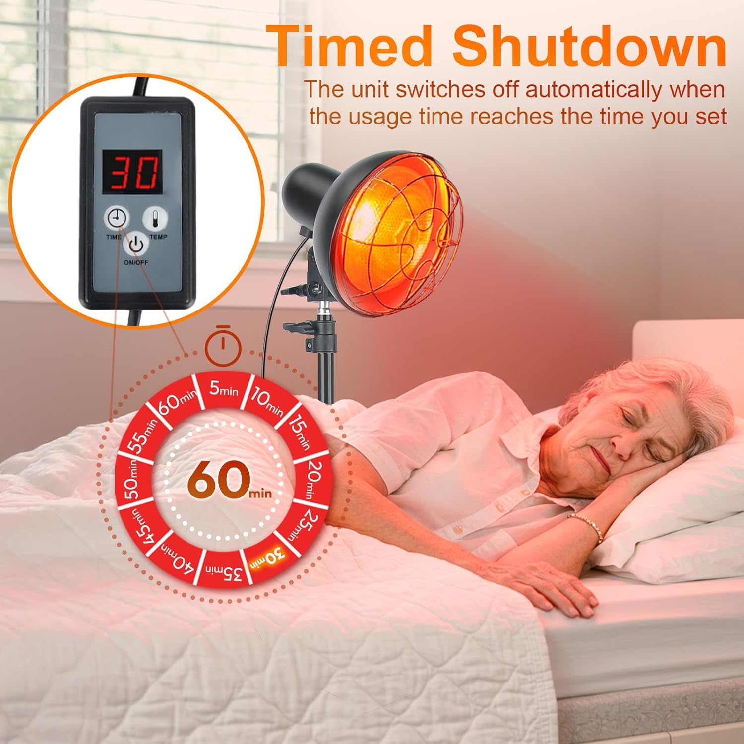 Lámpara infrarroja 150W, temperatura ajustable | Calor 30–60°C, +50% penetración, 10 niveles, temporizador 5–60 min, altura 58–116cm