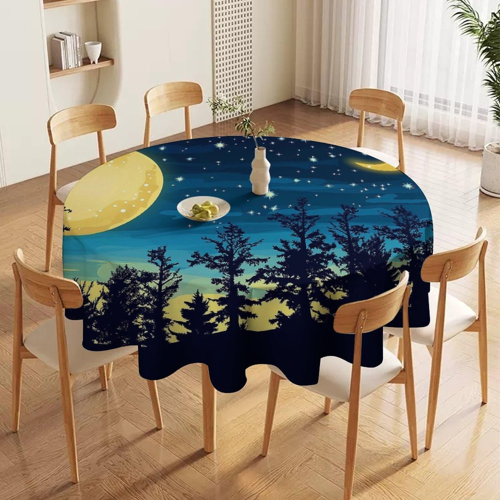 ORDOBO 3D Print Round Tablecloth - Cartoon Moon Round Countertop Decoration Cover Waterproof Wipeable Dust-Proof For Kitchen Dining Home 152X152Cm