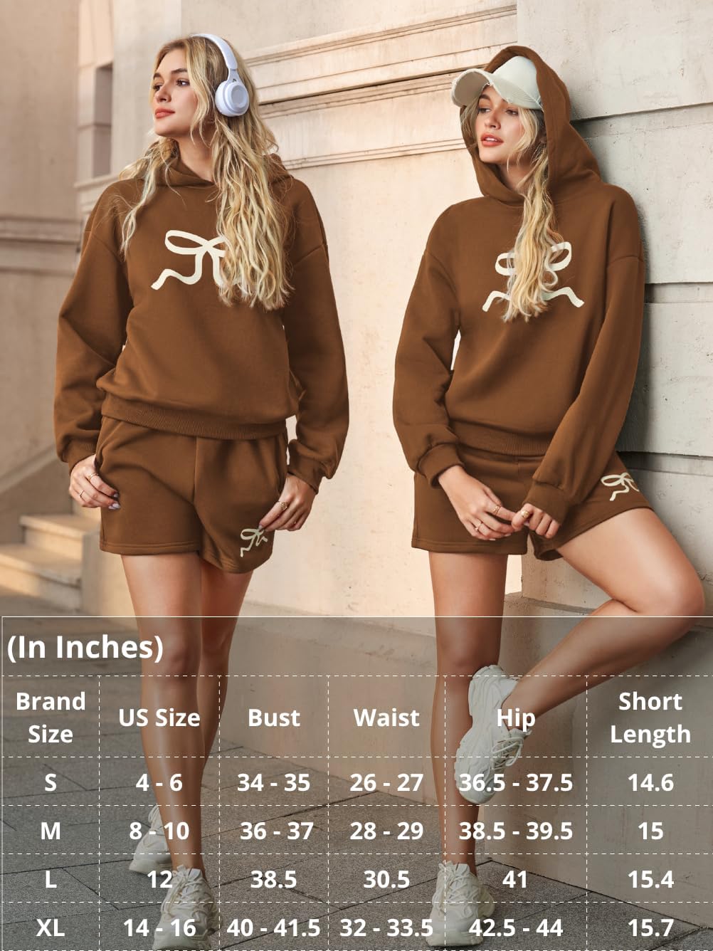 Women's Bow Print Matching Lounge Set, Loose Fleece-Lined Hoodie & Shorts with Pockets, Winter Comfy 2 Piece Sets - Image 7