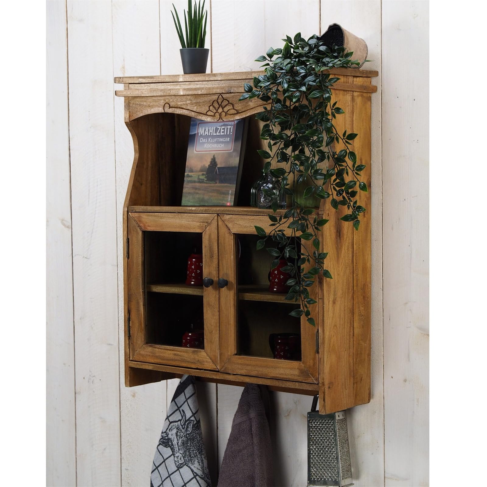 DESIGN DELIGHTS Naturalna szafka ścienna Ribera | drewno mahoniowe, szklane drzwi, 73 cm, z rzeźbami | szafka wisząca, regał kuchenny z haczykami, szafka drewniana, regał ścienny z grawerunkiem