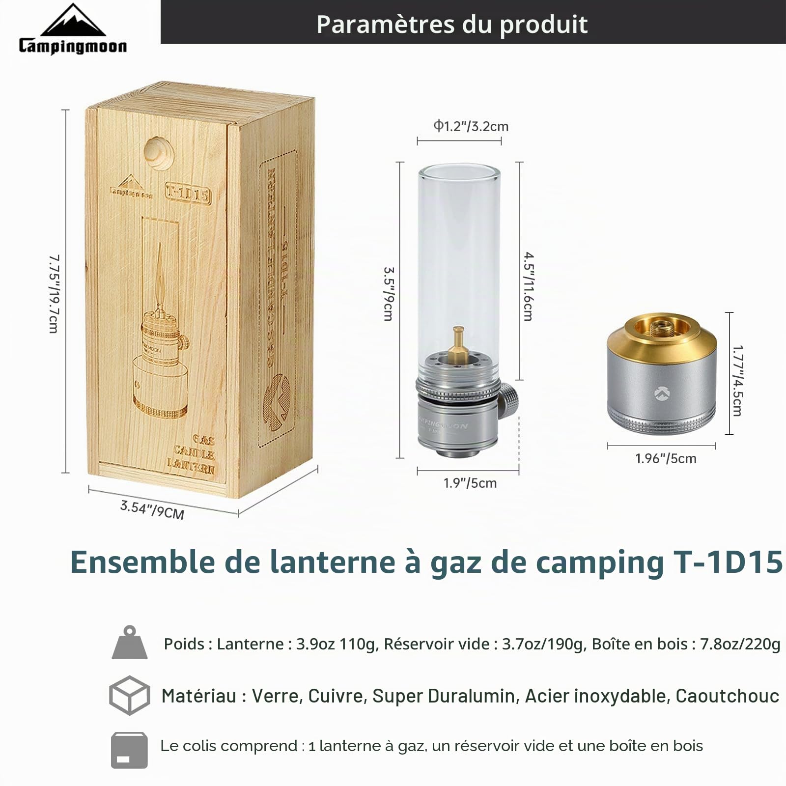 Camping Moon Lanterne à gaz de camping pour extérieur avec réservoir de gaz vide et étui en bois pour tente