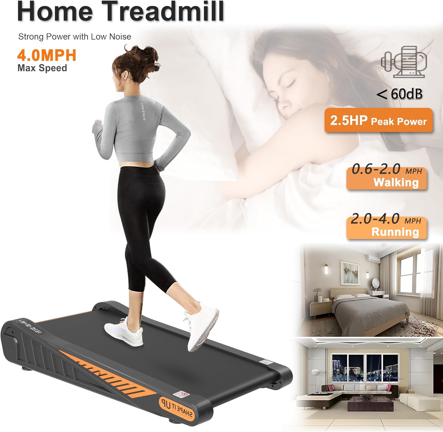 22.7" Width Deck Under Desk Walking Pad Portable Treadmill for Home Office, Running Machine with Incline Shock Reduction & Super Capacity