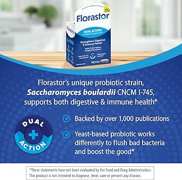 Florastor Probiotics for Digestive and Immune Health, 30 Capsules, Probiotics for Women & Men, Helps Flush Out Bad Bacteria, Boosts The Good with Our Unique Strain Saccharomyces Boulardii