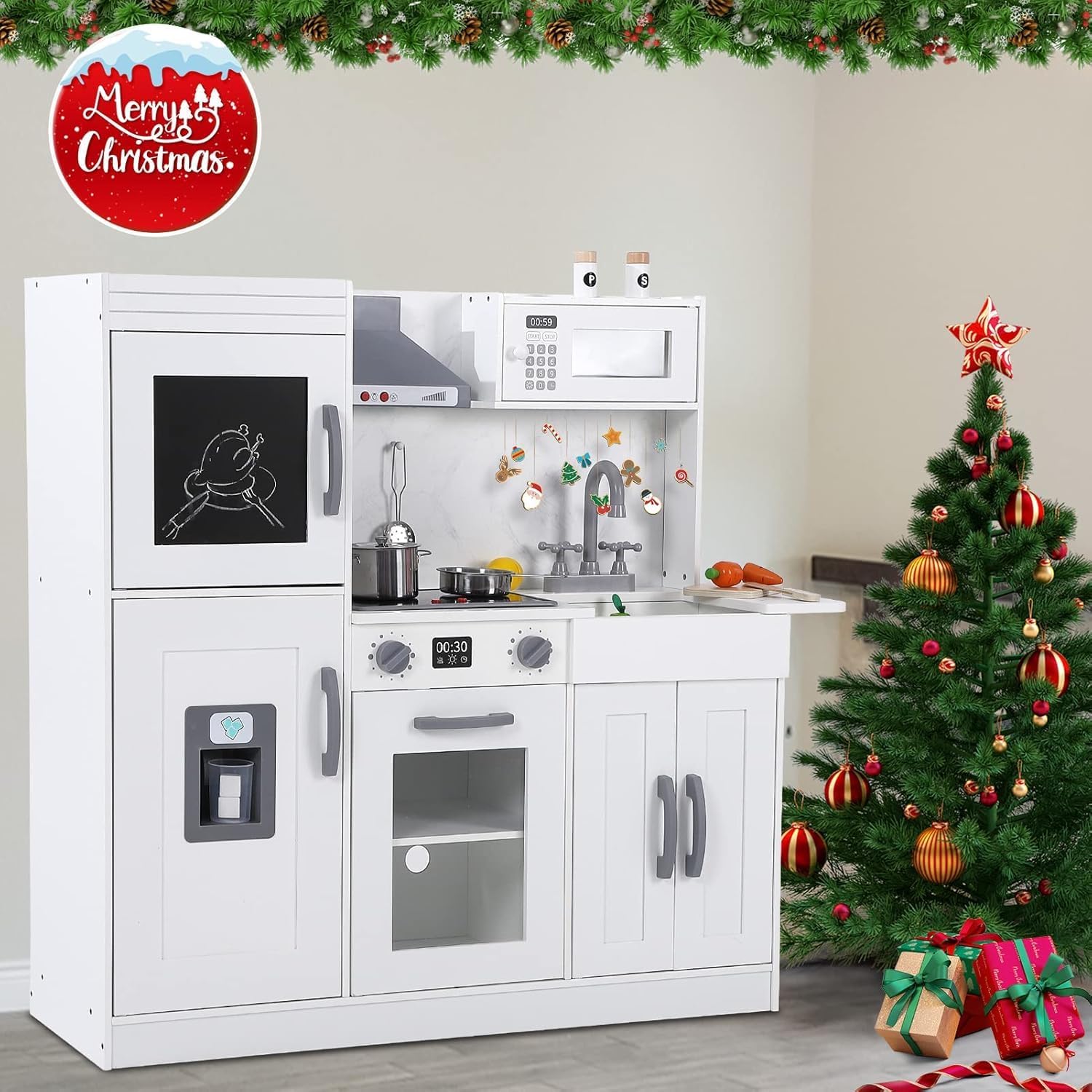 Play Kitchen for Kids, Wooden Play Kitchen with Toy Storage System, Toy Kitchen Set with Plenty of Play Features, Gift for Ages 3+,White