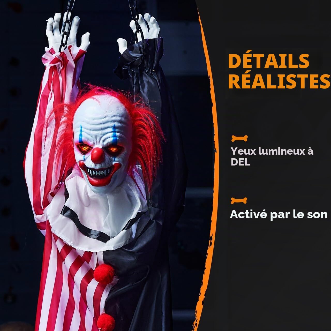 JOYIN Décoration animatronique de Clown à Suspendre d'halloween avec chaîne, 165,1 cm - Clown Effrayant avec Mouvement, lumière et Son (activé par Le Son), décoration animée pour Cour, Jardin,