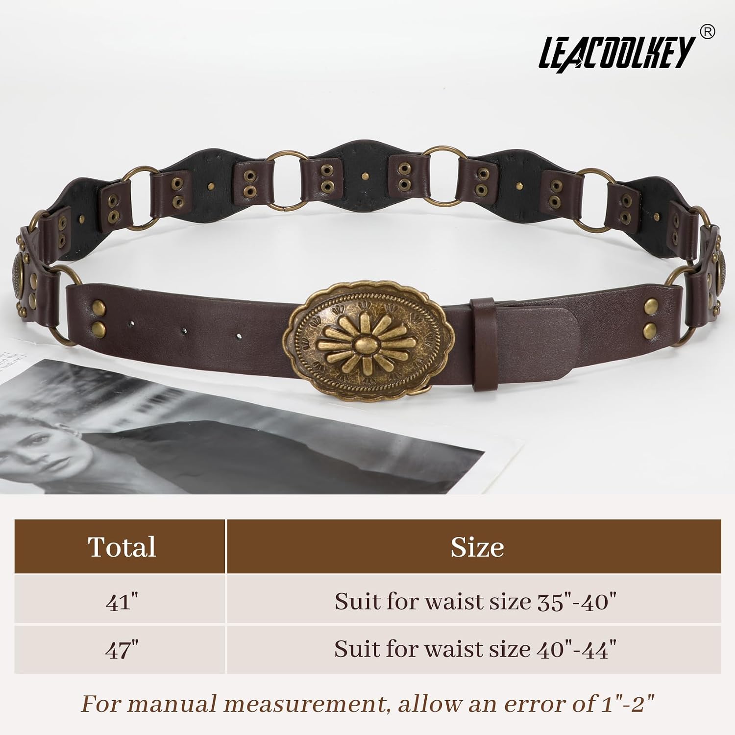 LEACOOLKEY Western Concho Rivet Belt for Women Vintage Leather Belt Western Waist Belt for Skirts Jeans