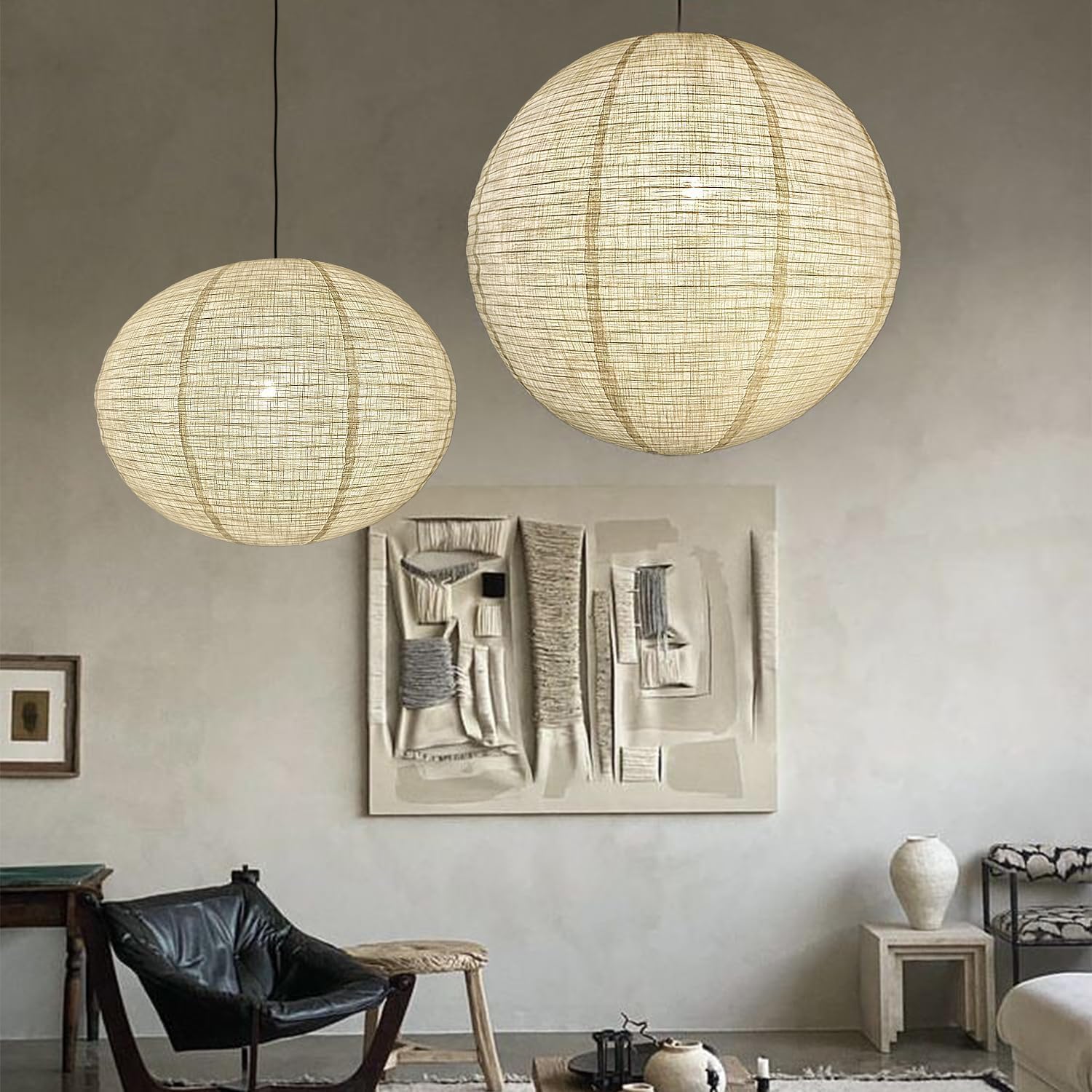 Linen Hanging Lamp Shades Round Can replace paper lantern,24 INCH & 20 IN | 2PCS White, Pendant Light Shades, Minimalist Foldable Lantern Covers, Dining Room, Living Room, Bedroom, Shades Only